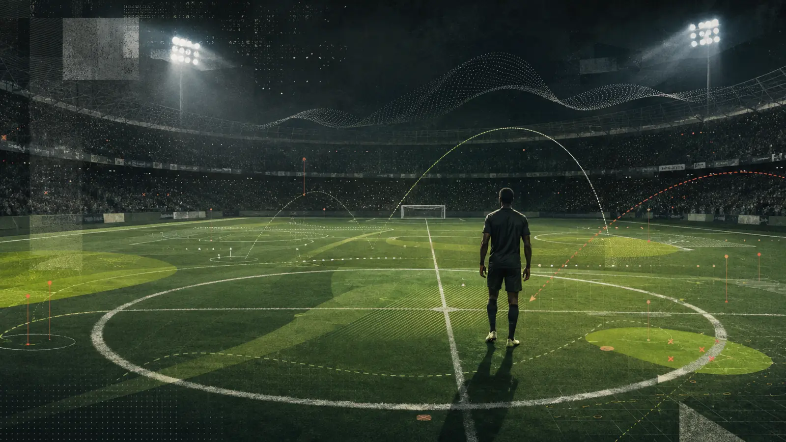 Editorial illustration of a footballer at midfield surrounded by pitch zones and analytical movement arcs.