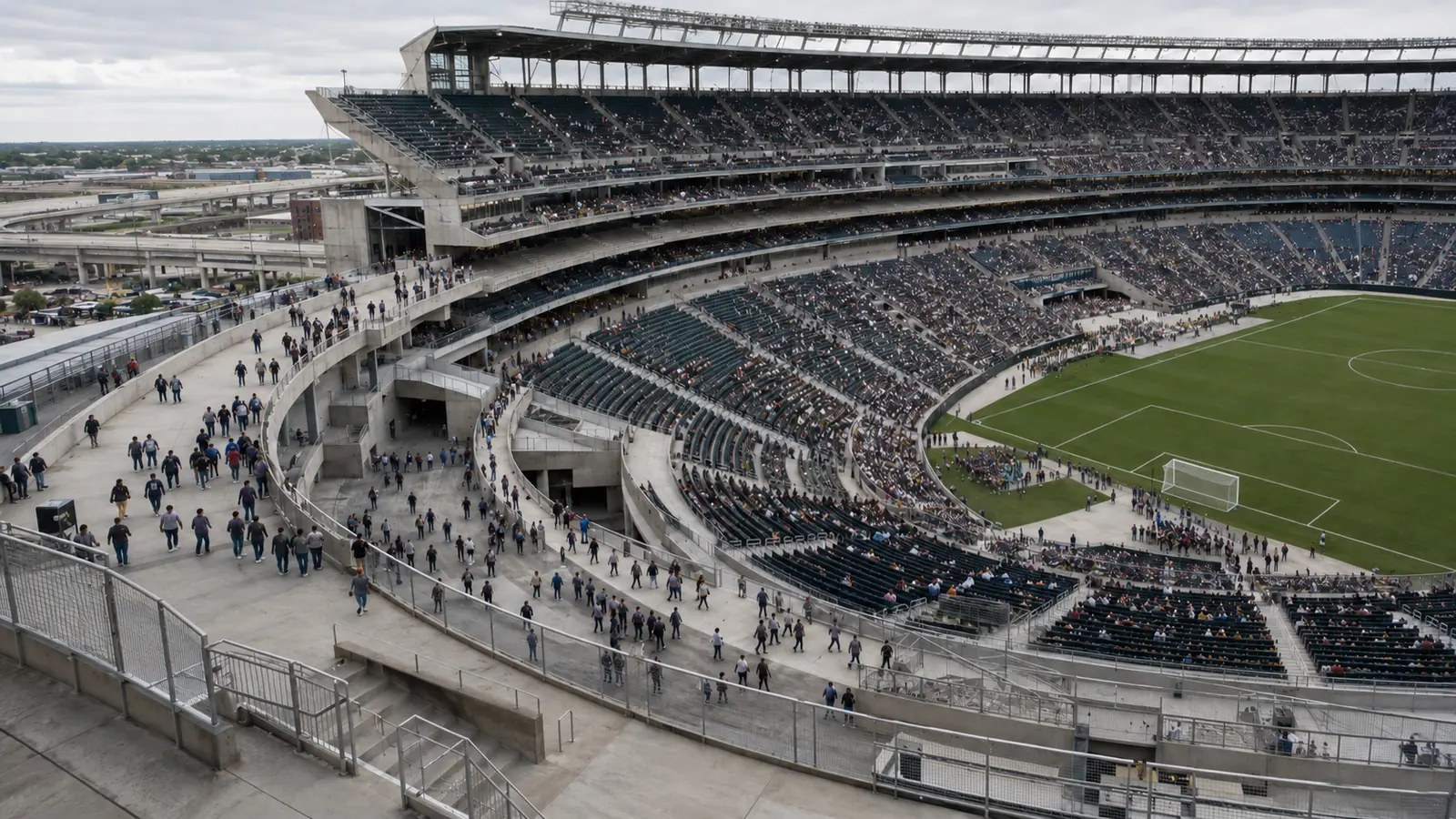 A vast stadium bowl and its layered concourses seen in daylight.